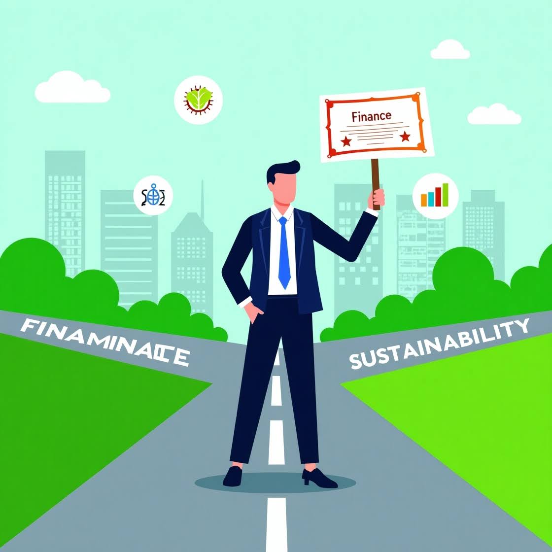 GARP SCR Certificate Certificate Man in suit at crossroads of Finance and Sustainability with city backdrop.